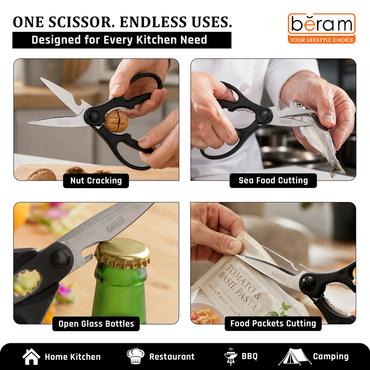 BERAM Multipurpose Kitchen Shears with Nutcracker and Can Opener Heavy Duty 2CR13 Stainless Steel Blades Sharp Rustproof Scissors for Cooking and Household Use