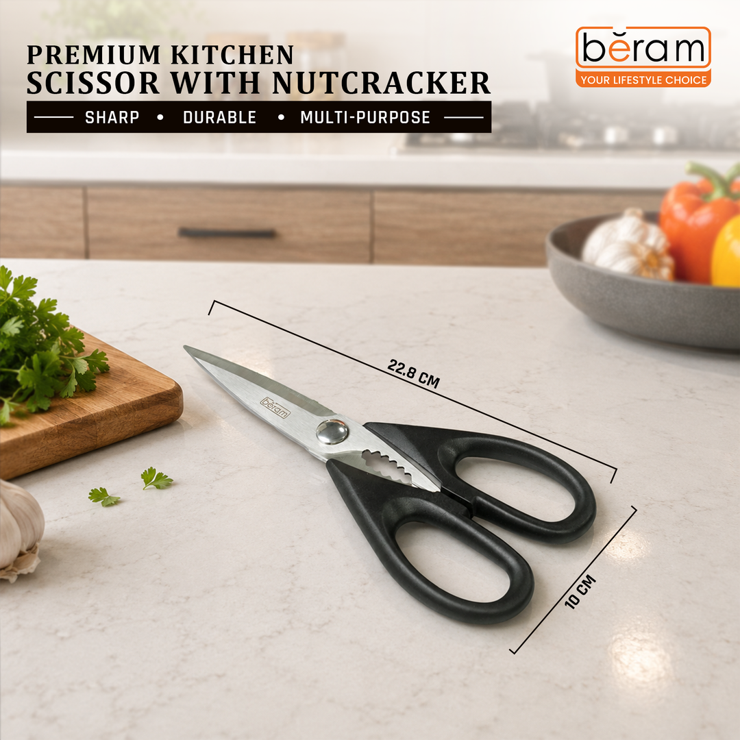 BERAM 9 Inch Kitchen Scissors with Nutcracker Full Black 2CR13 Stainless Steel Blades Ergonomic Heavy Duty Multipurpose Shears for Cooking Food Preparation and Household Use