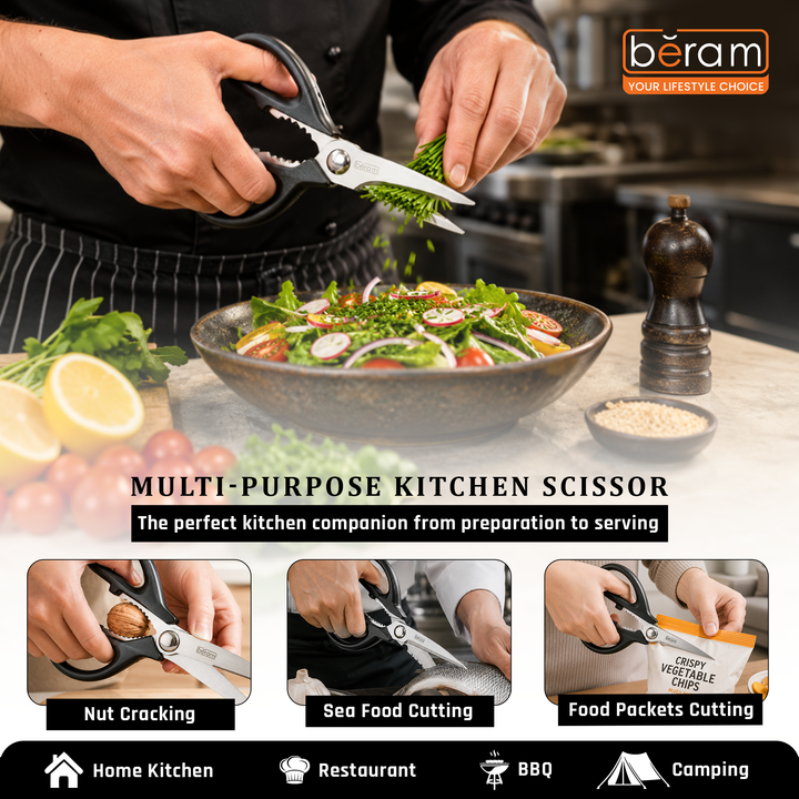 BERAM 9 Inch Kitchen Scissors with Nutcracker Full Black 2CR13 Stainless Steel Blades Ergonomic Heavy Duty Multipurpose Shears for Cooking Food Preparation and Household Use