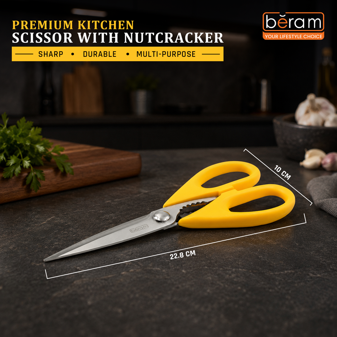 BERAM 9 Inch Kitchen Scissors with Nutcracker Heavy Duty Sharp 2CR13 Stainless Steel Blades Multipurpose Yellow Ergonomic Handle Perfect for Home Food Preparation