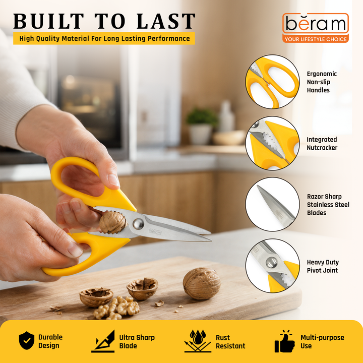 BERAM 9 Inch Kitchen Scissors with Nutcracker Heavy Duty Sharp 2CR13 Stainless Steel Blades Multipurpose Yellow Ergonomic Handle Perfect for Home Food Preparation