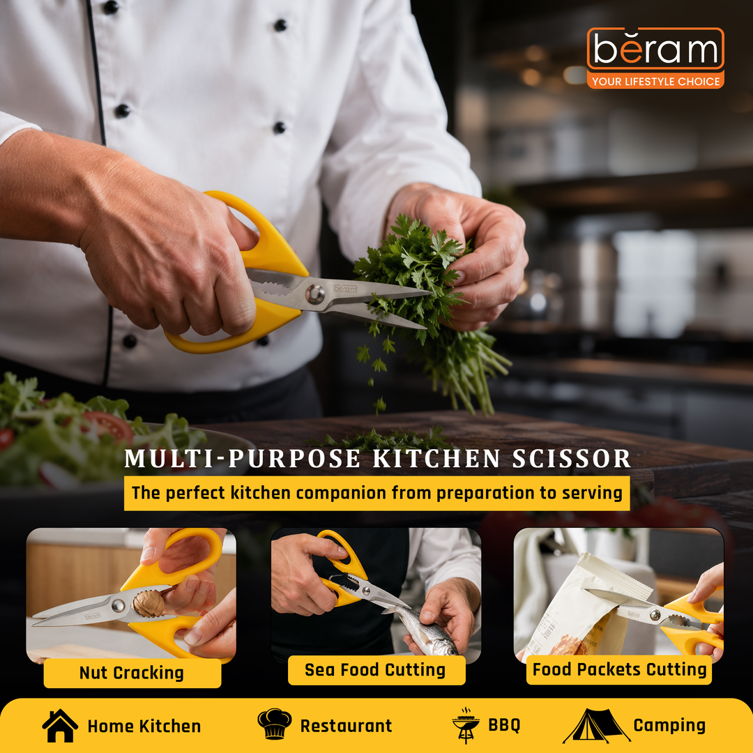 BERAM 9 Inch Kitchen Scissors with Nutcracker Heavy Duty Sharp 2CR13 Stainless Steel Blades Multipurpose Yellow Ergonomic Handle Perfect for Home Food Preparation