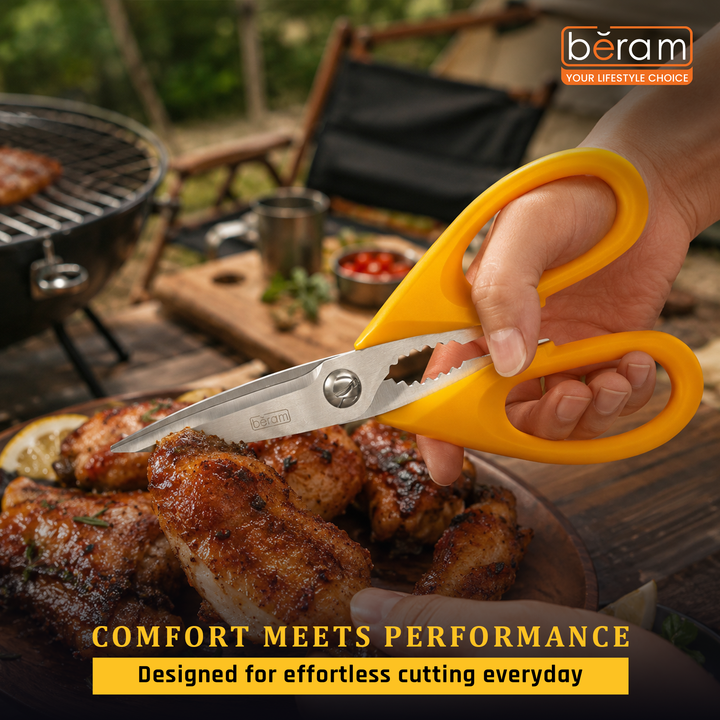 BERAM 9 Inch Kitchen Scissors with Nutcracker Heavy Duty Sharp 2CR13 Stainless Steel Blades Multipurpose Yellow Ergonomic Handle Perfect for Home Food Preparation