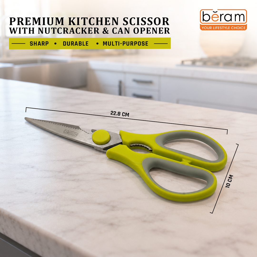 BERAM Multipurpose Kitchen Shears with Nutcracker and Can Opener Heavy Duty 2CR13 Stainless Steel Blades Sharp Rustproof Scissors for Cooking and Household Use