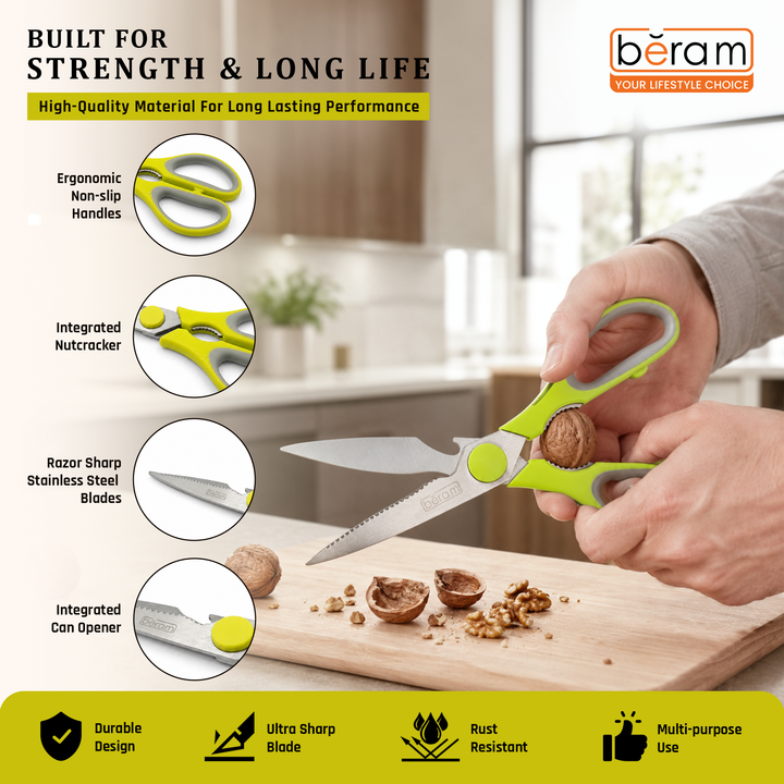 BERAM Multipurpose Kitchen Shears with Nutcracker and Can Opener Heavy Duty 2CR13 Stainless Steel Blades Sharp Rustproof Scissors for Cooking and Household Use