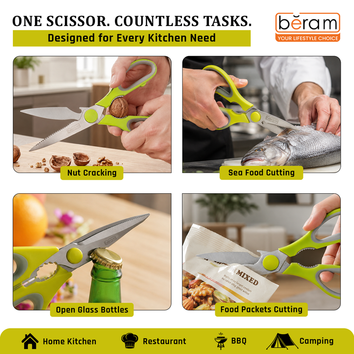 BERAM Multipurpose Kitchen Shears with Nutcracker and Can Opener Heavy Duty 2CR13 Stainless Steel Blades Sharp Rustproof Scissors for Cooking and Household Use