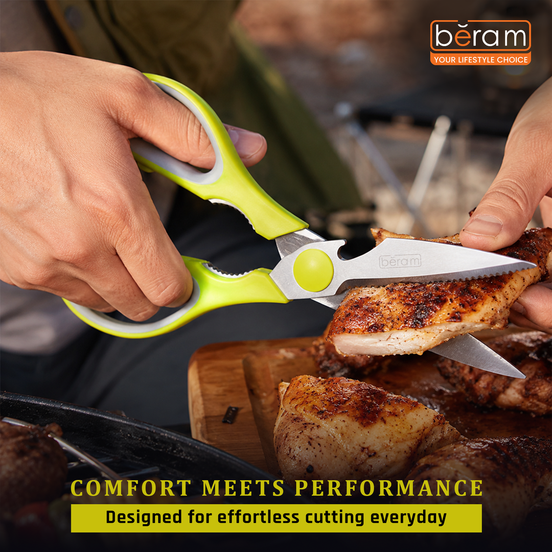 BERAM Multipurpose Kitchen Shears with Nutcracker and Can Opener Heavy Duty 2CR13 Stainless Steel Blades Sharp Rustproof Scissors for Cooking and Household Use