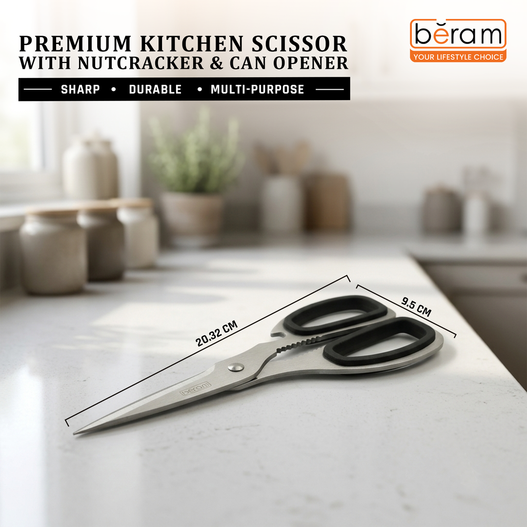BERAM Multipurpose Kitchen Shears with Nutcracker and Can Opener Heavy Duty 2CR13 Stainless Steel Blades Sharp Rustproof Scissors for Cooking and Household Use