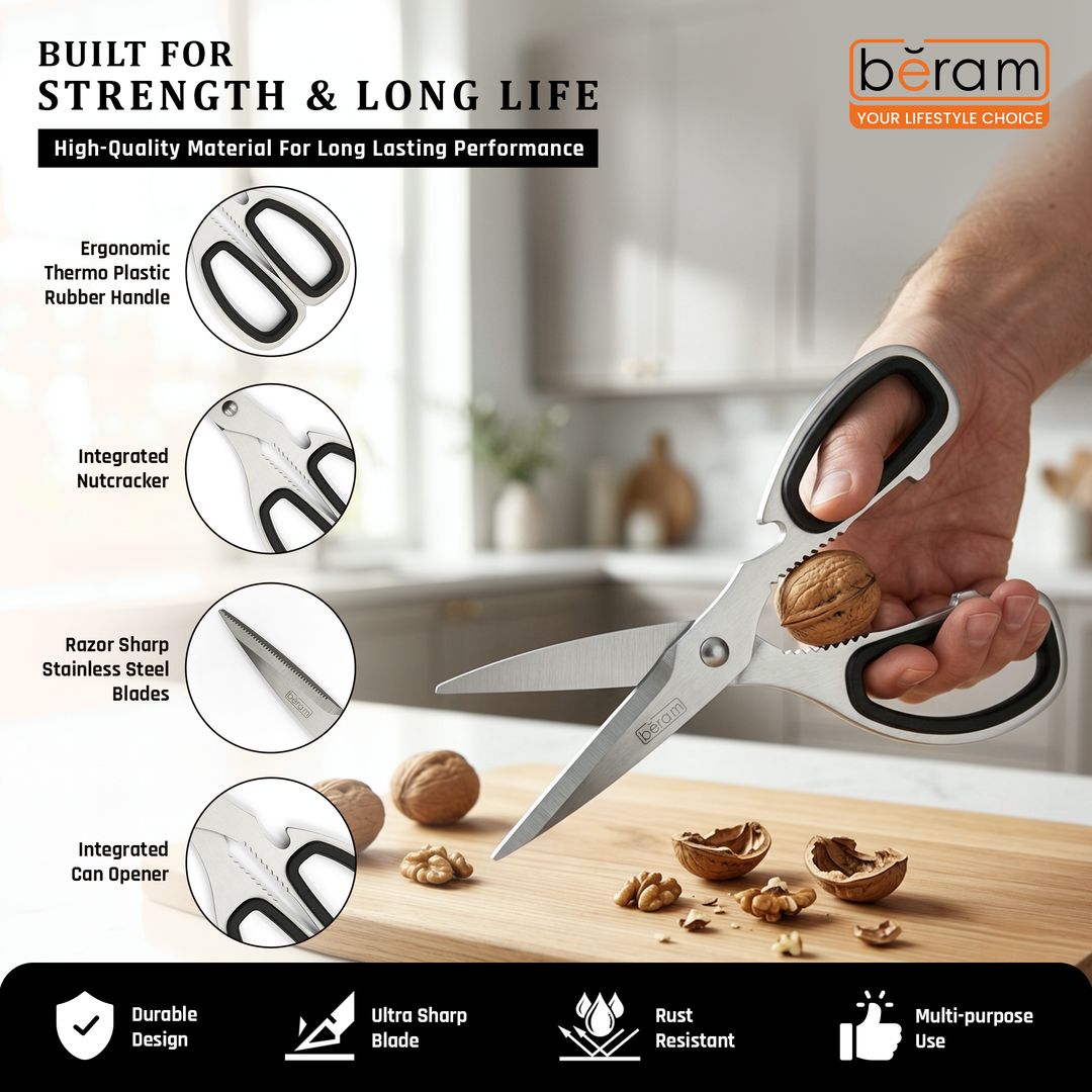 BERAM Multipurpose Kitchen Shears with Nutcracker and Can Opener Heavy Duty 2CR13 Stainless Steel Blades Sharp Rustproof Scissors for Cooking and Household Use