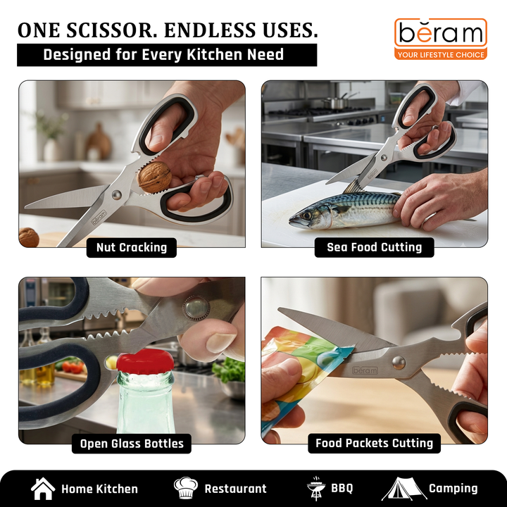 BERAM Multipurpose Kitchen Shears with Nutcracker and Can Opener Heavy Duty 2CR13 Stainless Steel Blades Sharp Rustproof Scissors for Cooking and Household Use