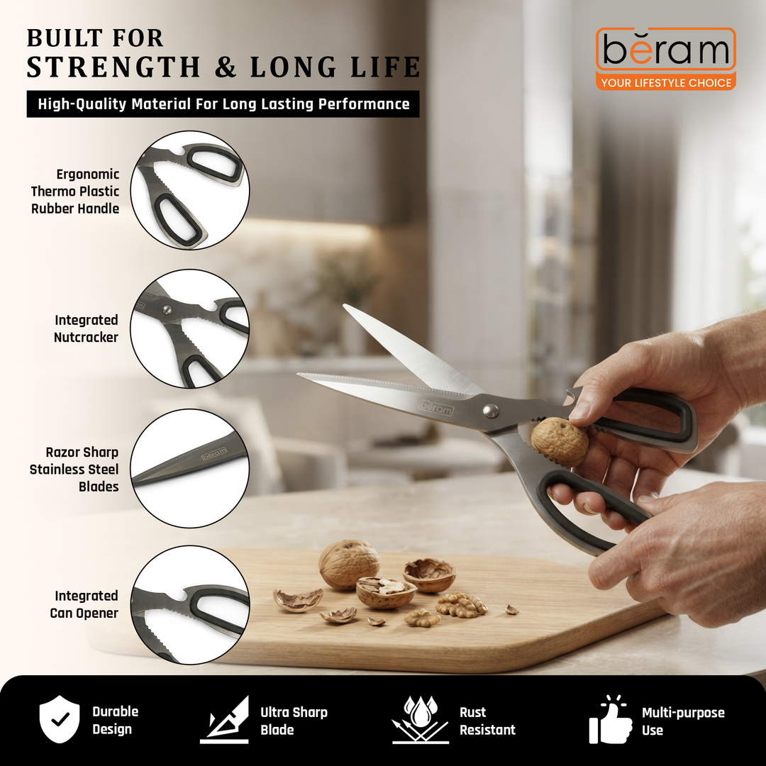 BERAM Multipurpose Kitchen Shears with Nutcracker and Can Opener Heavy Duty 2CR13 Stainless Steel Blades Sharp Rustproof Scissors for Cooking and Household Use
