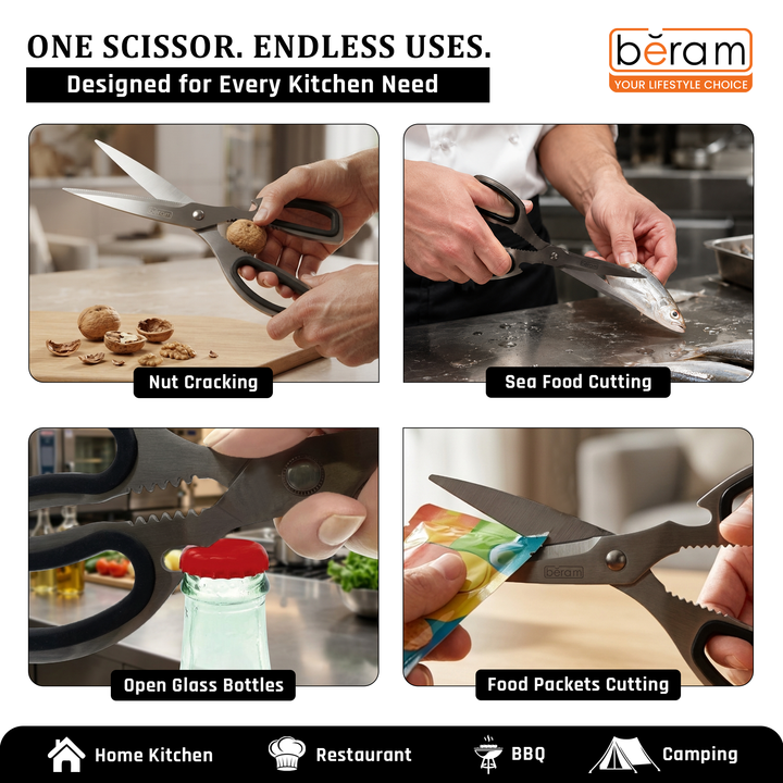 BERAM Multipurpose Kitchen Shears with Nutcracker and Can Opener Heavy Duty 2CR13 Stainless Steel Blades Sharp Rustproof Scissors for Cooking and Household Use