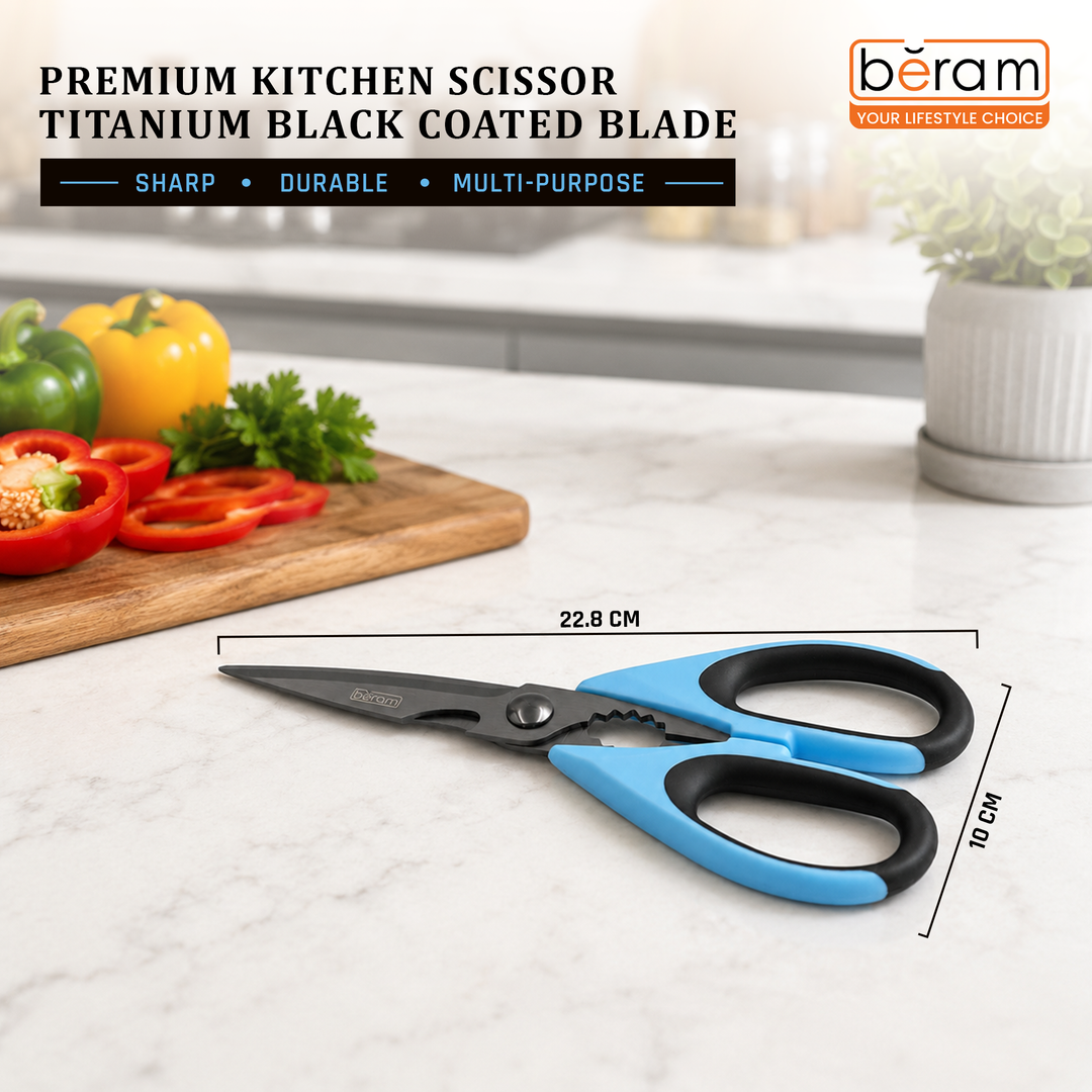 BERAM 9 Inch Heavy Duty Kitchen Shears Titanium Black Coated 2CR13 Stainless Steel Scissors with Nutcracker and Blue Ergonomic Non-Slip Handle for Cooking and Daily Use