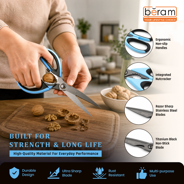 BERAM 9 Inch Heavy Duty Kitchen Shears Titanium Black Coated 2CR13 Stainless Steel Scissors with Nutcracker and Blue Ergonomic Non-Slip Handle for Cooking and Daily Use