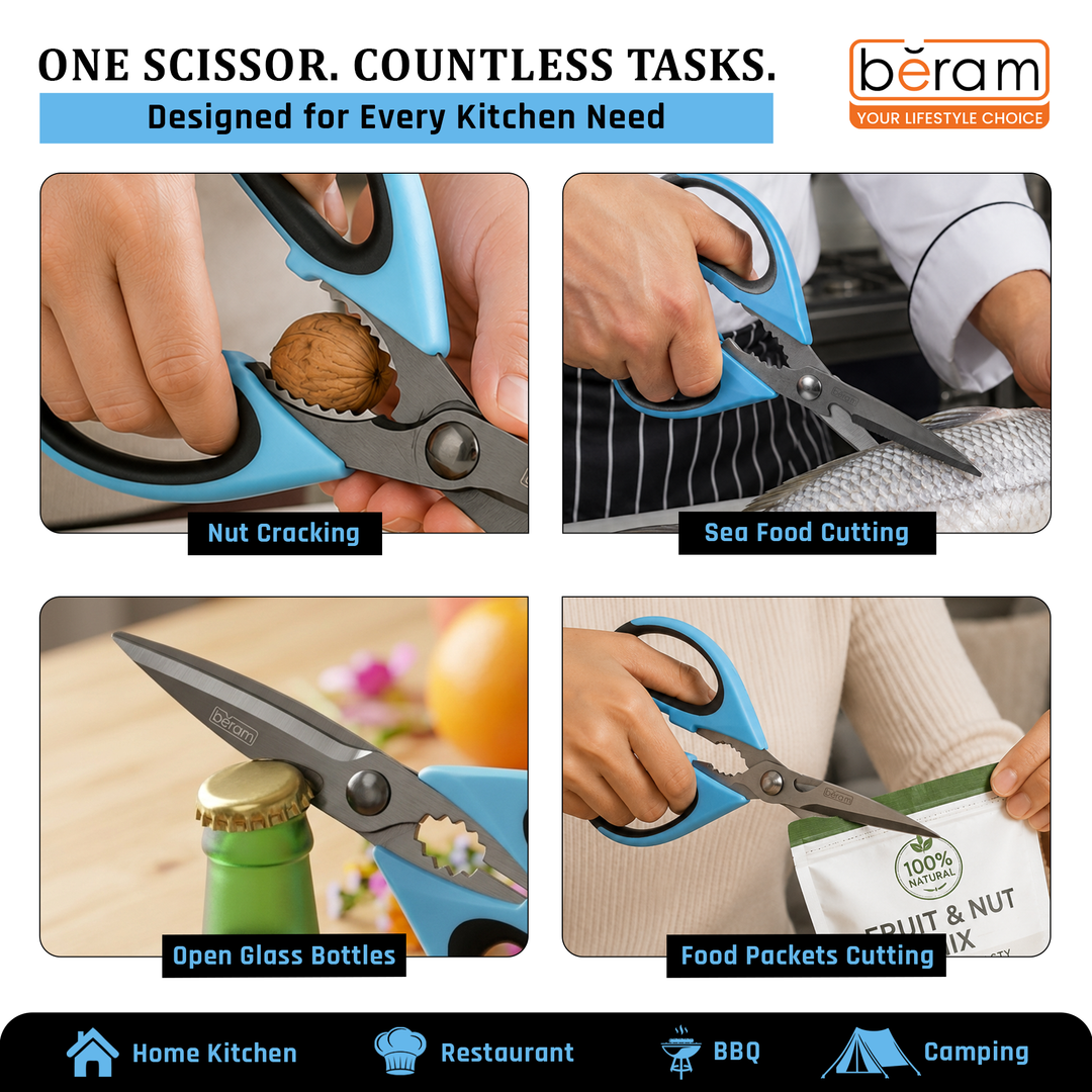 BERAM 9 Inch Heavy Duty Kitchen Shears Titanium Black Coated 2CR13 Stainless Steel Scissors with Nutcracker and Blue Ergonomic Non-Slip Handle for Cooking and Daily Use