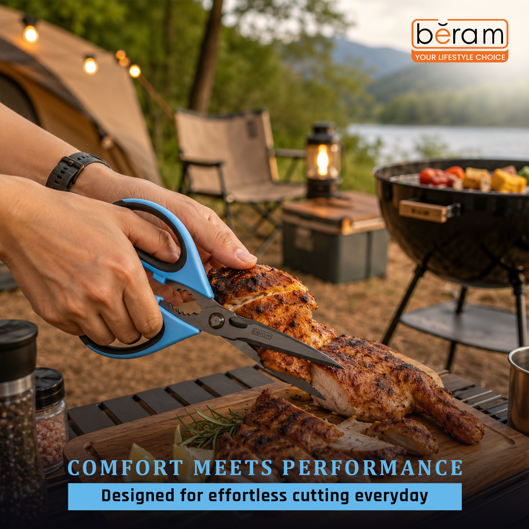 BERAM 9 Inch Heavy Duty Kitchen Shears Titanium Black Coated 2CR13 Stainless Steel Scissors with Nutcracker and Blue Ergonomic Non-Slip Handle for Cooking and Daily Use