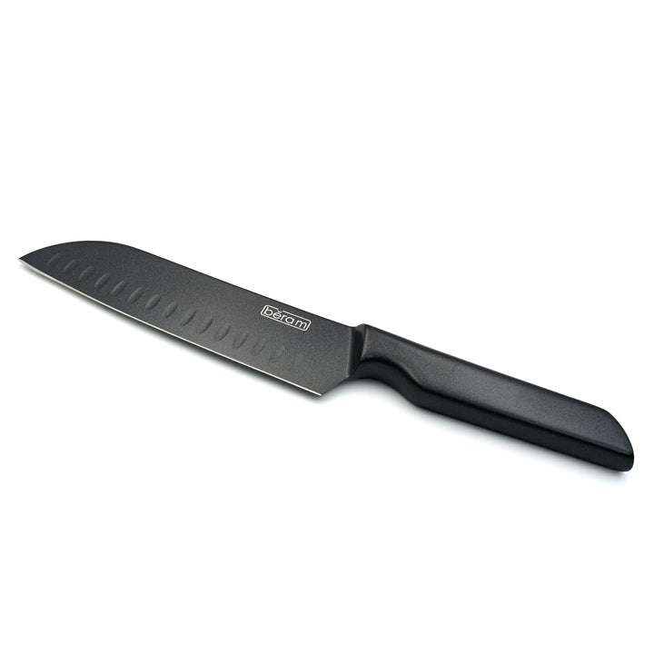 BERAM 7 Inch Santoku Knife, Black Oxide Coated High Carbon Stainless Steel Blade with SS430 Handle, Granton Edge for Smooth Chopping and Slicing, Modern and Durable Kitchen Essential