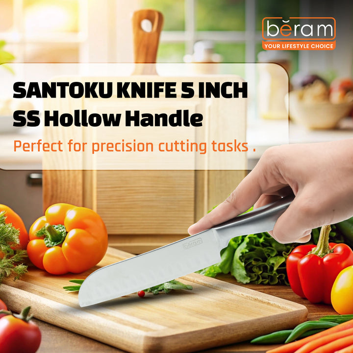 BERAM 5 Inch Santoku Knife with SS430 Hollow  Handle 3CR13 Stainless Steel Blade Garnishing Knives Daily Use Sharp Edge Multipurpose Cooking Knife for Chopping Slicing Mincing