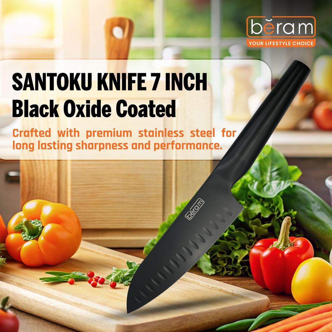 BERAM 7 Inch  Santoku Knife Black Oxide Coated Blade 3CR13 Stainless Steel with SS430 handle Non Stick Scratch Resistant Durable Modern Knife Chopping Slicing Mincing Easy to Clean Cooking Tool