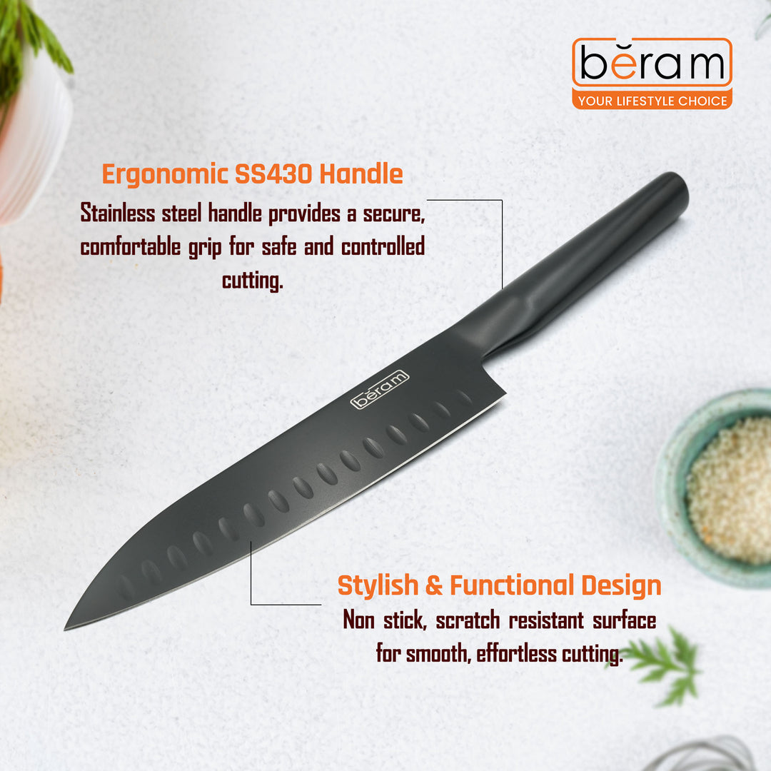 BERAM 7 Inch  Santoku Knife Black Oxide Coated Blade 3CR13 Stainless Steel with SS430 handle Non Stick Scratch Resistant Durable Modern Knife Chopping Slicing Mincing Easy to Clean Cooking Tool