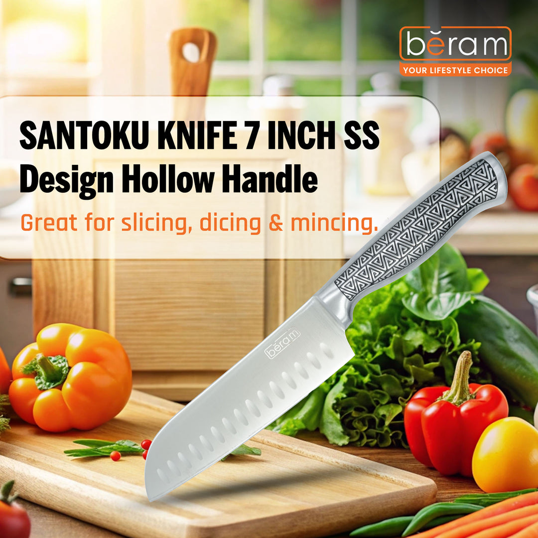 BERAM 7 Inch Proffessional Santoku Knife 3CR13 Stainless Steel Blade Sharp Precision Granton Edge Chopping Slicing Mincing Stylish Modern Durable Kitchen Essential SS Design hollow handle