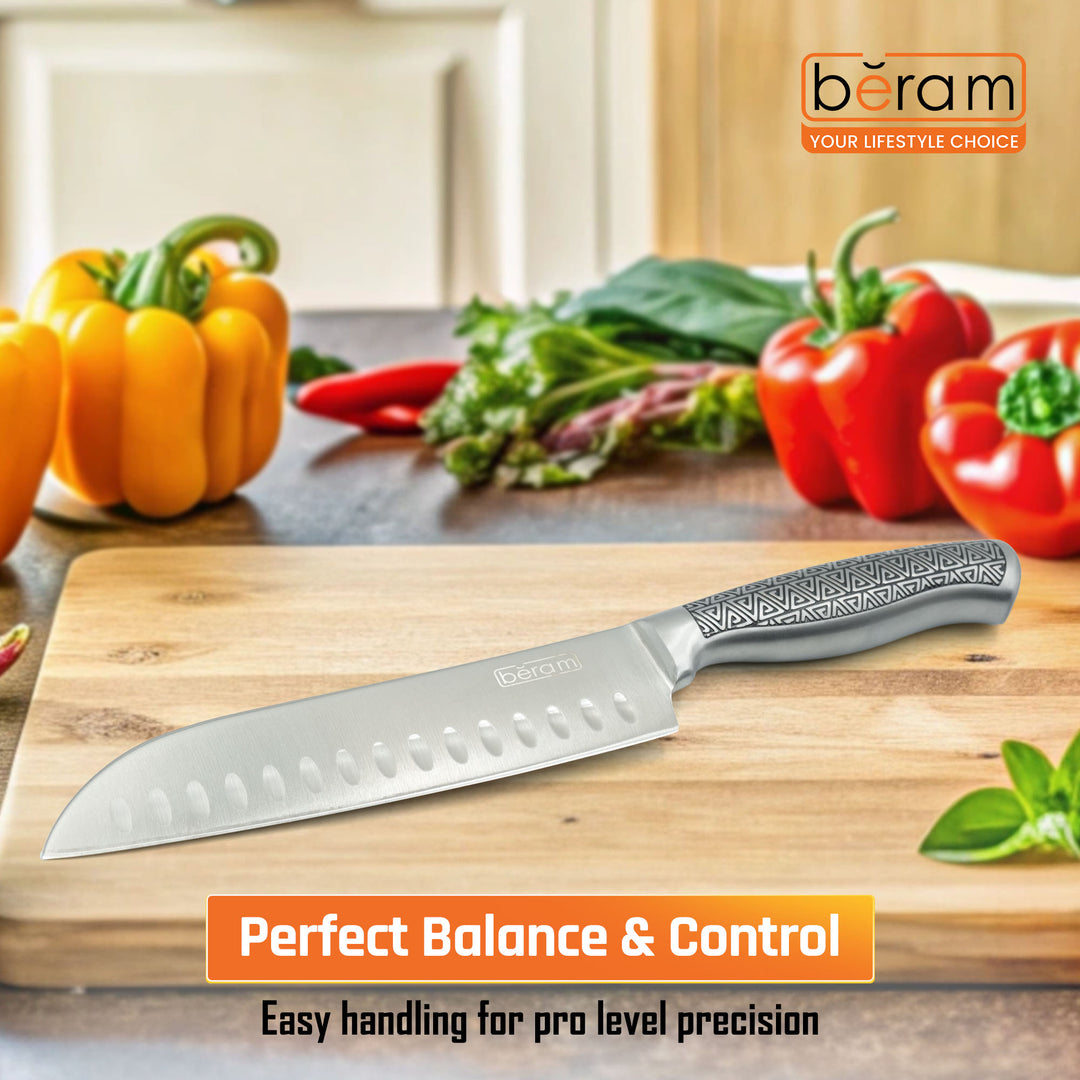BERAM 7 Inch Proffessional Santoku Knife 3CR13 Stainless Steel Blade Sharp Precision Granton Edge Chopping Slicing Mincing Stylish Modern Durable Kitchen Essential SS Design hollow handle