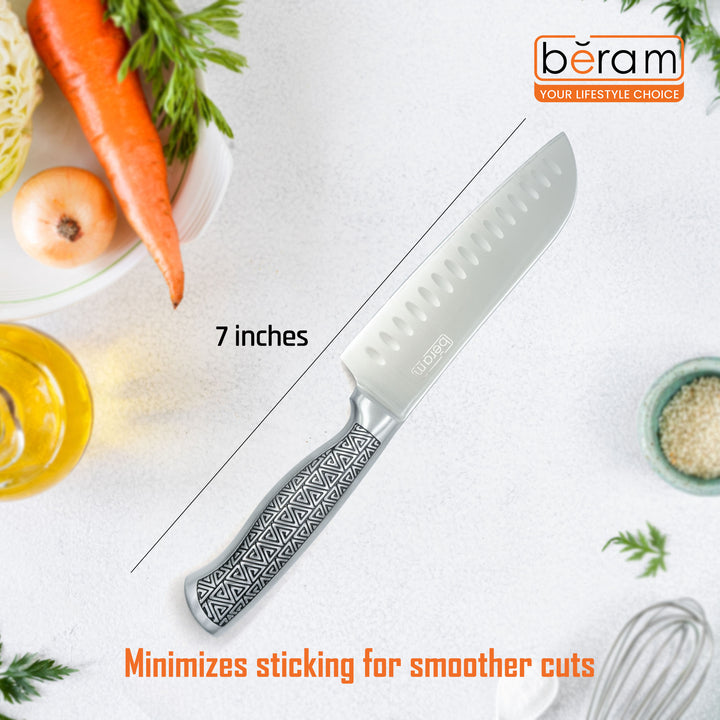 BERAM 7 Inch Proffessional Santoku Knife 3CR13 Stainless Steel Blade Sharp Precision Granton Edge Chopping Slicing Mincing Stylish Modern Durable Kitchen Essential SS Design hollow handle