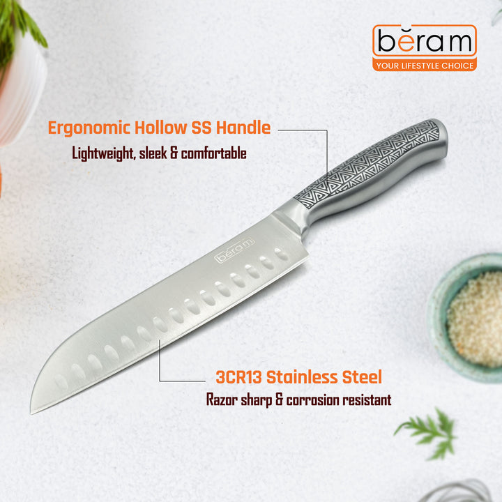 BERAM 7 Inch Proffessional Santoku Knife 3CR13 Stainless Steel Blade Sharp Precision Granton Edge Chopping Slicing Mincing Stylish Modern Durable Kitchen Essential SS Design hollow handle