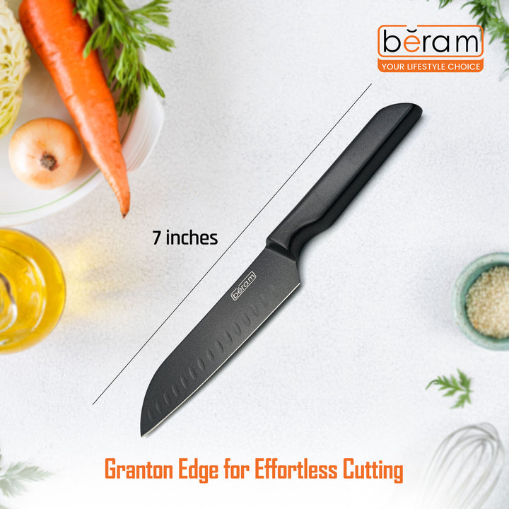 BERAM 7 Inch Santoku Knife, Black Oxide Coated High Carbon Stainless Steel Blade with SS430 Handle, Granton Edge for Smooth Chopping and Slicing, Modern and Durable Kitchen Essential