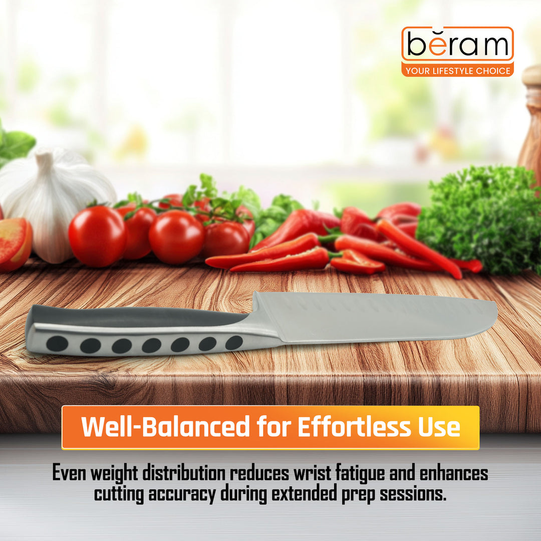 BERAM 8 Inch Santoku Knife SS430&ABS Handle Sharp Ergonomic DurableStainless Steel Blade Granton Edge Lightweight Multipurpose Kitchen Knife for Chopping Dicing Mincing