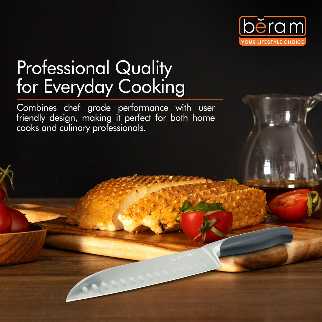 BERAM 8 Inch Santoku Knife SS430&ABS Handle Sharp Ergonomic DurableStainless Steel Blade Granton Edge Lightweight Multipurpose Kitchen Knife for Chopping Dicing Mincing