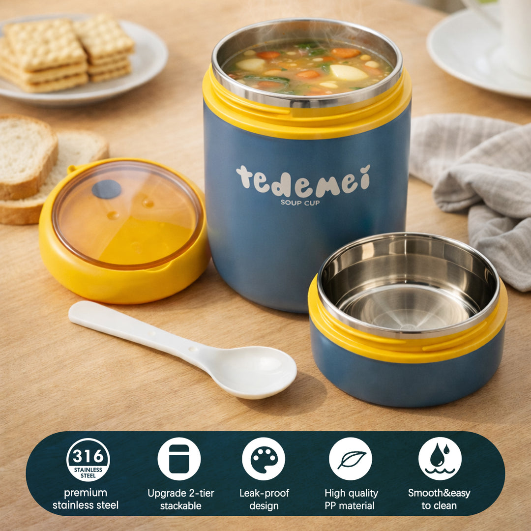 Stainless Steel Breakfast Cup 710ml Blue Insulated Food Jar with Lid SS316 Food Grade Steel Leakproof Soup Oatmeal & Lunch Container for Office School & Travel