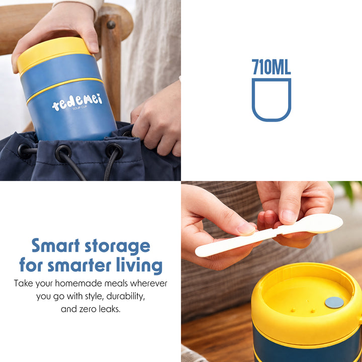 Stainless Steel Breakfast Cup 710ml Blue Insulated Food Jar with Lid SS316 Food Grade Steel Leakproof Soup Oatmeal & Lunch Container for Office School & Travel