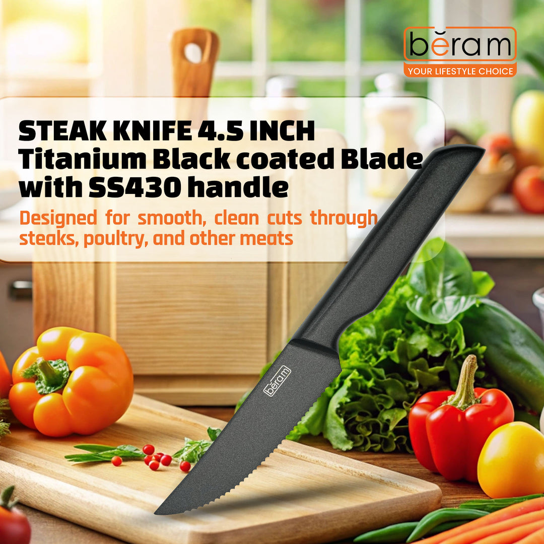 BERAM 4.5 Inch Steak Knife Titanium Black Coated 3CR13Stainless Steel Serrated Blade with SS430 Handle Stylish Durable Sharp Knife for Effortless Slicing Steaks Meats