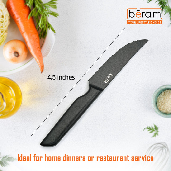 BERAM 4.5 Inch Steak Knife Titanium Black Coated 3CR13Stainless Steel Serrated Blade with SS430 Handle Stylish Durable Sharp Knife for Effortless Slicing Steaks Meats