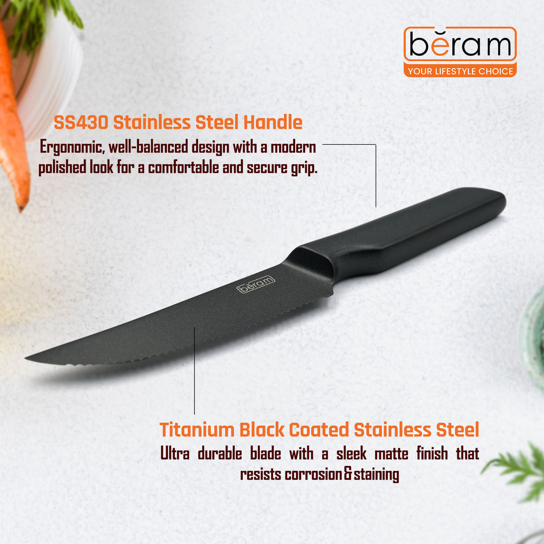 BERAM 4.5 Inch Steak Knife Titanium Black Coated 3CR13Stainless Steel Serrated Blade with SS430 Handle Stylish Durable Sharp Knife for Effortless Slicing Steaks Meats