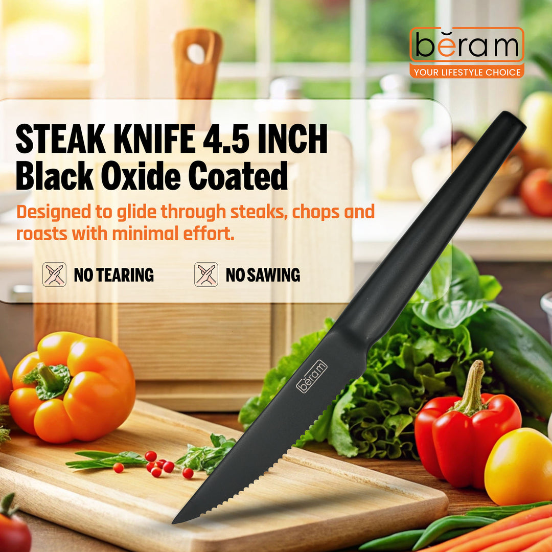 BERAM 4.5 Inch Steak Knife Black Oxide Coated  Serrated 3CR13 Stainless Steel  Blade with SS430 Handle Durable Ergonomic  Non-Stick Scratch-Resistant Knife for Effortless Meat Cutting
