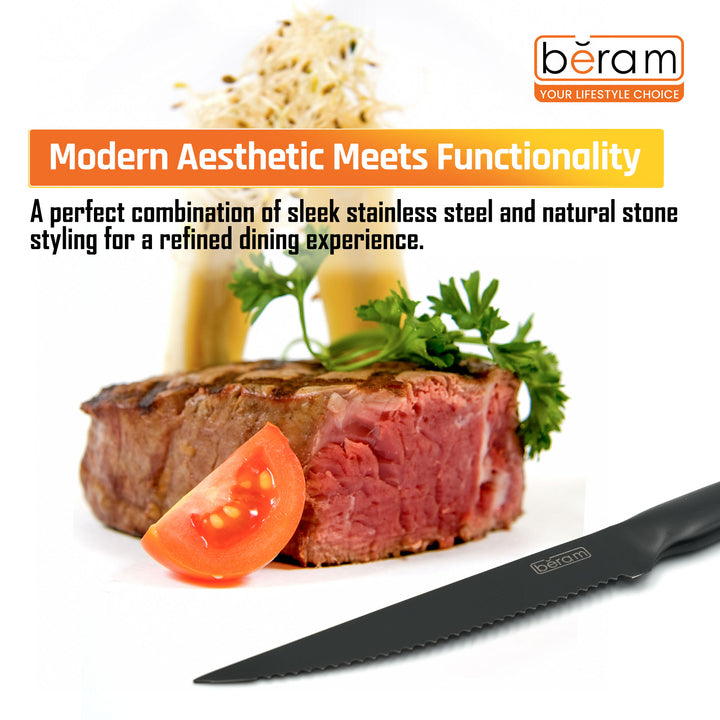 BERAM 4.5 Inch Steak Knife Black Oxide Coated  Serrated 3CR13 Stainless Steel  Blade with SS430 Handle Durable Ergonomic  Non-Stick Scratch-Resistant Knife for Effortless Meat Cutting
