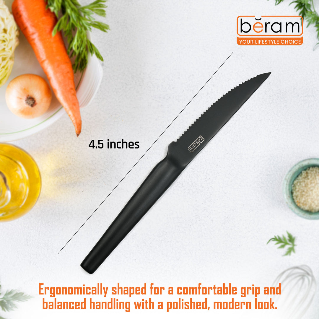 BERAM 4.5 Inch Steak Knife Black Oxide Coated  Serrated 3CR13 Stainless Steel  Blade with SS430 Handle Durable Ergonomic  Non-Stick Scratch-Resistant Knife for Effortless Meat Cutting