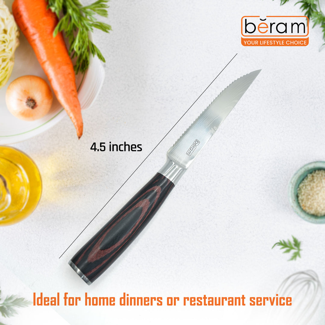 BERAM 4.5 Inch Steak Knife with Pakka Wood Handle 3CR13Stainless Steel Blade  Durable Ergonomic Effortless Cutting Garnishing Knives for Daily Use Kitchen Knife