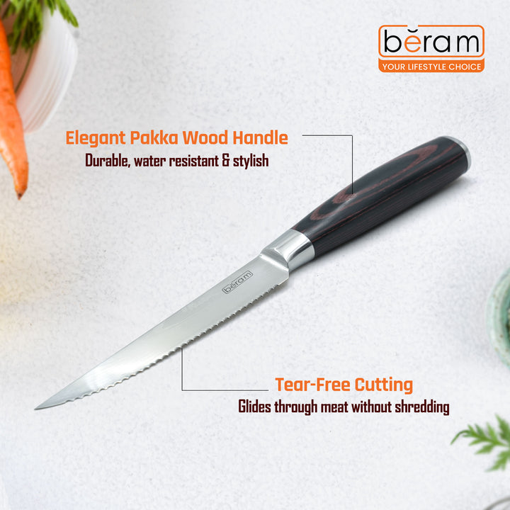 BERAM 4.5 Inch Steak Knife with Pakka Wood Handle 3CR13Stainless Steel Blade  Durable Ergonomic Effortless Cutting Garnishing Knives for Daily Use Kitchen Knife
