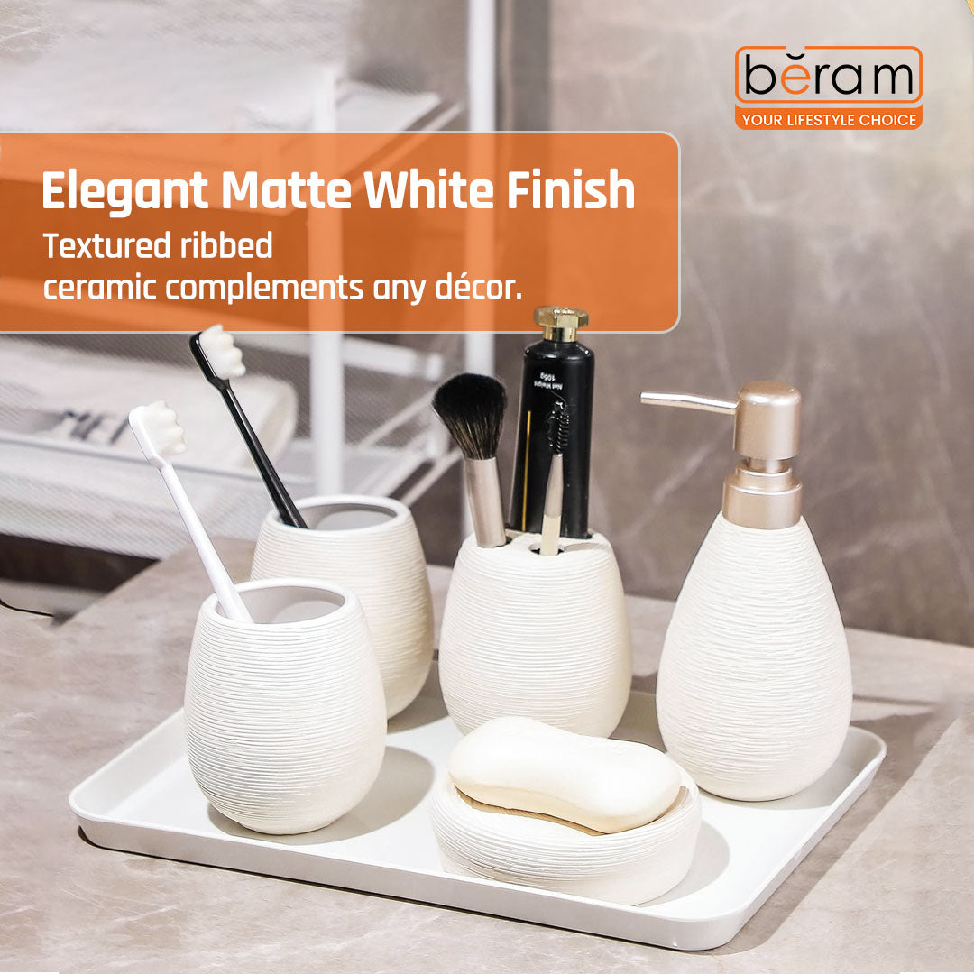 Beram Bathroom Accessory White Stripes Set 5 Piece Ceramic  Natural Textured Design with Soap Dispenser Toothbrush Holder Tumbler Multifunction Holder & Soap Dish (5PCS Set)