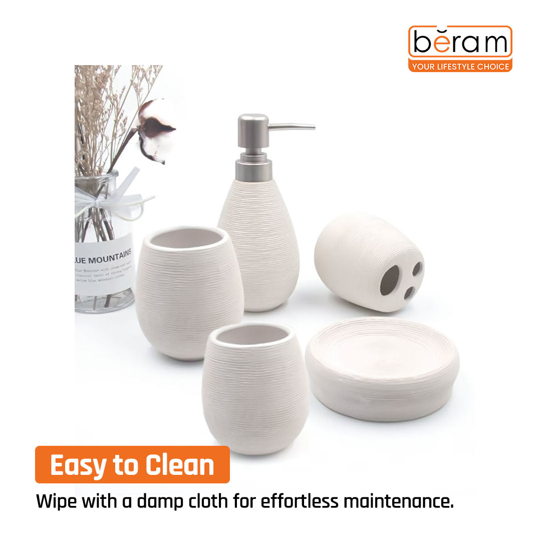 Beram Bathroom Accessory White Stripes Set 5 Piece Ceramic  Natural Textured Design with Soap Dispenser Toothbrush Holder Tumbler Multifunction Holder & Soap Dish (5PCS Set)