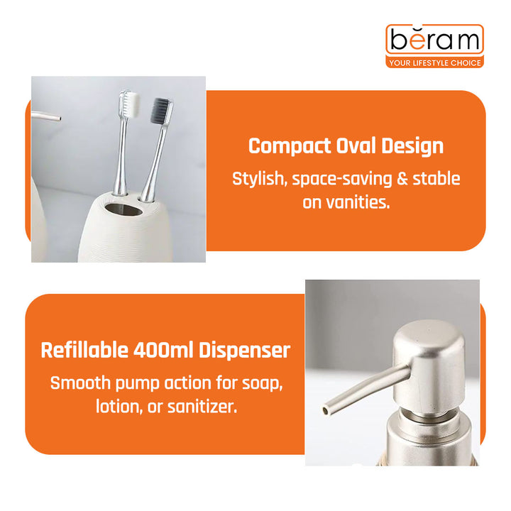 Beram Bathroom Accessory White Stripes Set 5 Piece Ceramic  Natural Textured Design with Soap Dispenser Toothbrush Holder Tumbler Multifunction Holder & Soap Dish (5PCS Set)
