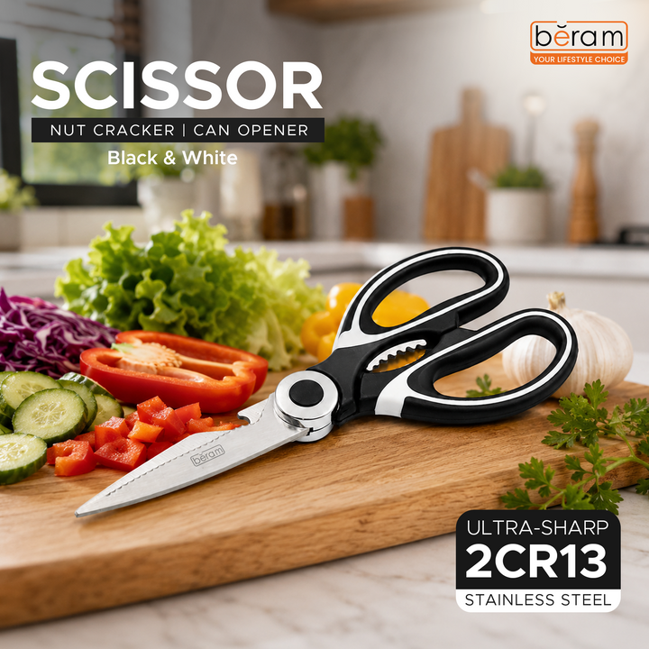 BERAM Multipurpose Kitchen Shears with Nutcracker and Can Opener Heavy Duty 2CR13 Stainless Steel Blades Sharp Rustproof Scissors for Cooking and Household Use