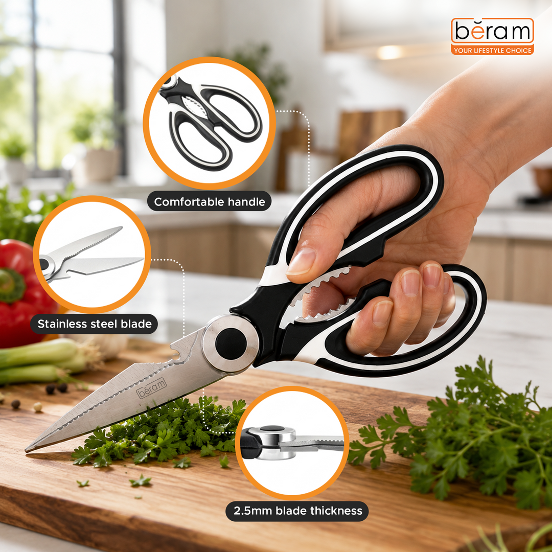 BERAM Multipurpose Kitchen Shears with Nutcracker and Can Opener Heavy Duty 2CR13 Stainless Steel Blades Sharp Rustproof Scissors for Cooking and Household Use