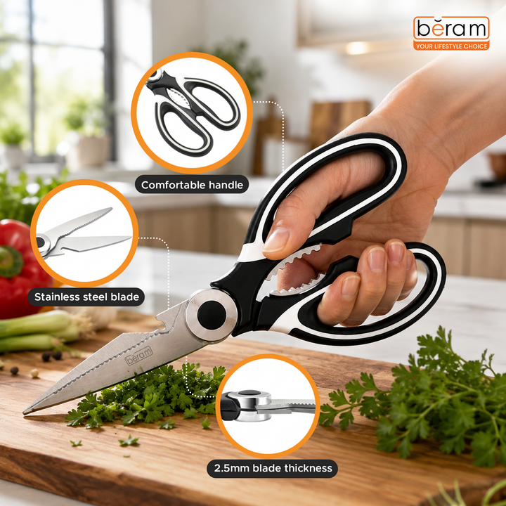 BERAM Multipurpose Kitchen Shears with Nutcracker and Can Opener Heavy Duty 2CR13 Stainless Steel Blades Sharp Rustproof Scissors for Cooking and Household Use
