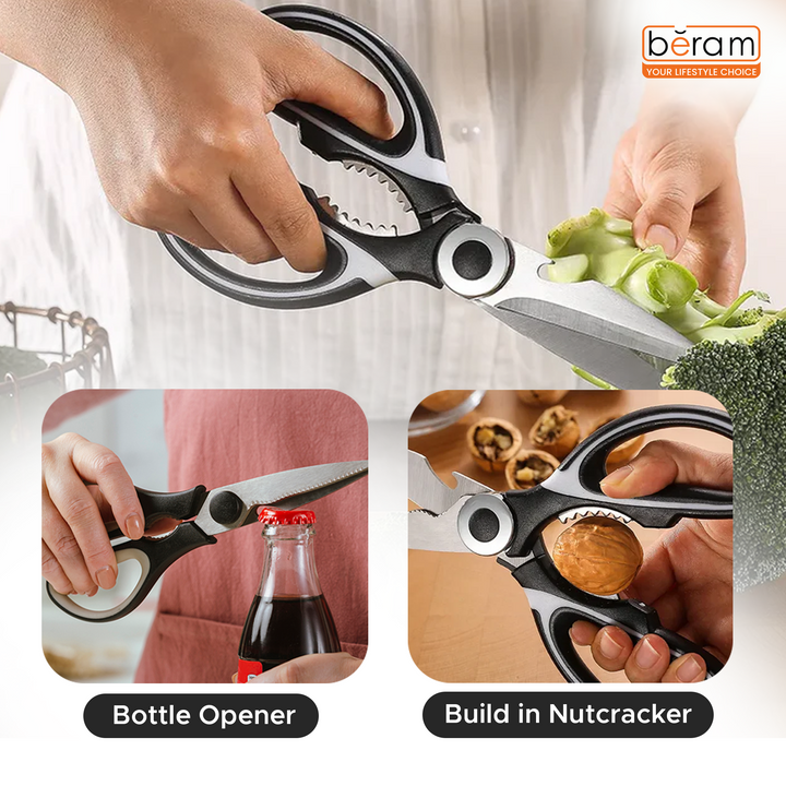 BERAM Multipurpose Kitchen Shears with Nutcracker and Can Opener Heavy Duty 2CR13 Stainless Steel Blades Sharp Rustproof Scissors for Cooking and Household Use