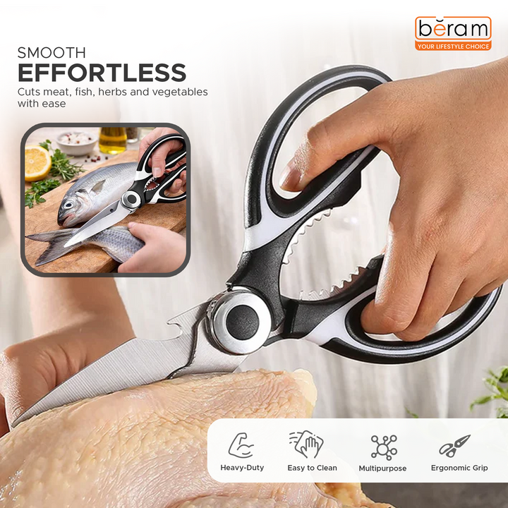 BERAM Multipurpose Kitchen Shears with Nutcracker and Can Opener Heavy Duty 2CR13 Stainless Steel Blades Sharp Rustproof Scissors for Cooking and Household Use