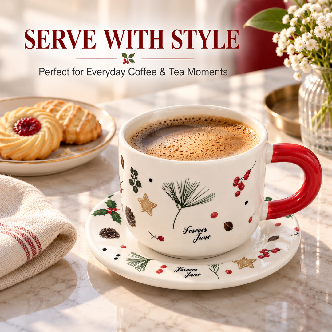 Ceramic Coffee Cup and Saucer Set, Tea Cup with Handle, Elegant White Porcelain Style Cup and Matching Saucer with Botanical Floral Design for Coffee, Tea, Cappuccino and Home Serving